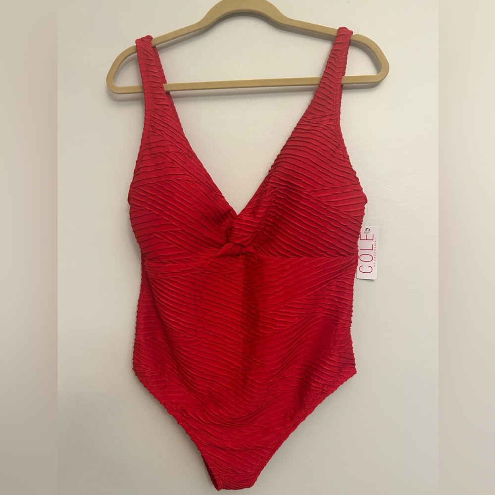 Anne Cole Classic Red Textured One Piece Scoop Back Swimsuit Sz 14 L NWT